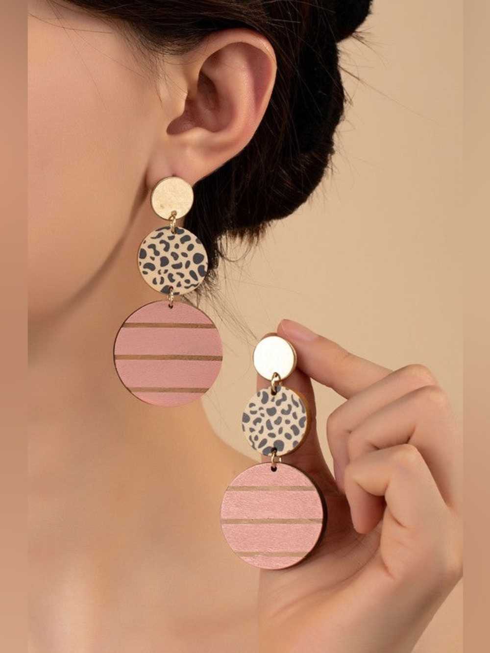 Plunder Pink and Gold Leopard-Accent Triple Disc Dangle Earrings